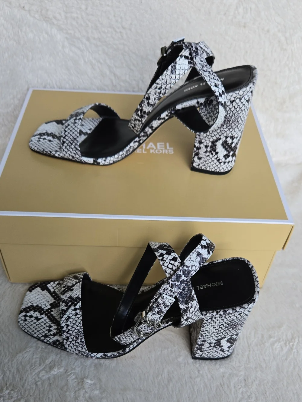 Michael Kors Black and White Snake-Print Block Heel Sandals